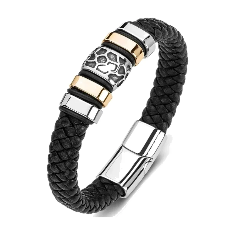 Braided Leather Bracelet with Skull Motif, 316L Stainless Steel
