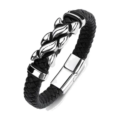 Braided Leather Bracelet with Skull Motif, Stainless Steel