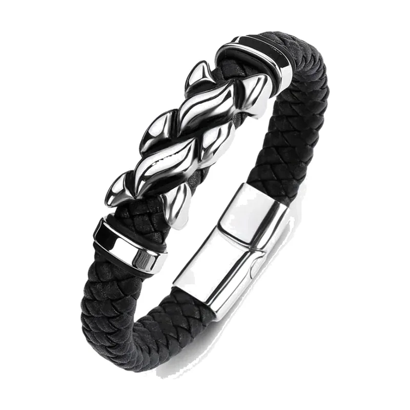 Pulsera de cuero trenzado con motivo de calavera, acero inoxidable