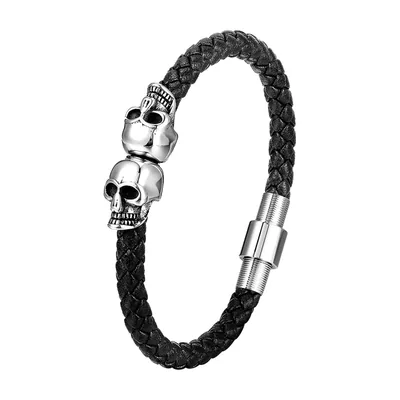 Braided Leather Bracelet with Double Skull Charms, Stainless Steel