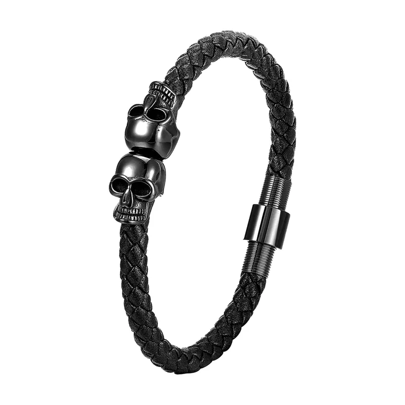 Pulsera de cuero trenzado con calaveras, acero inoxidable