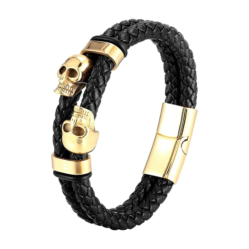 Pulsera de Cuero Trenzado con Calaveras, Acero Inoxidable