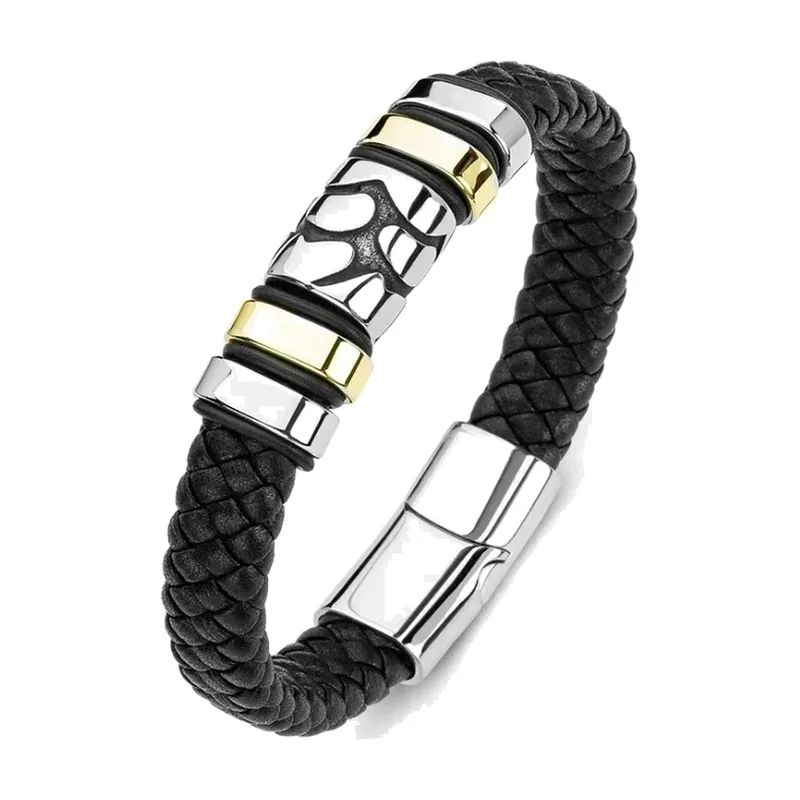 Braided Leather Bracelet with Decorative Bead, Stainless Steel