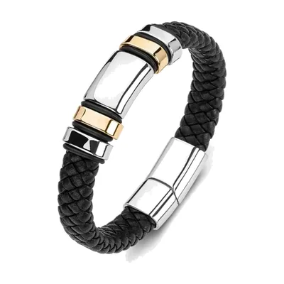 Bracciale in pelle intrecciata con placca in acciaio inox e chiusura magnetica