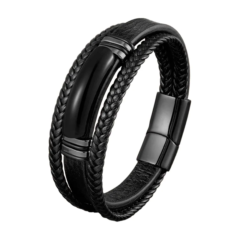 Tiger's Eye and Braided Leather Wrap Bracelet, Stainless Steel