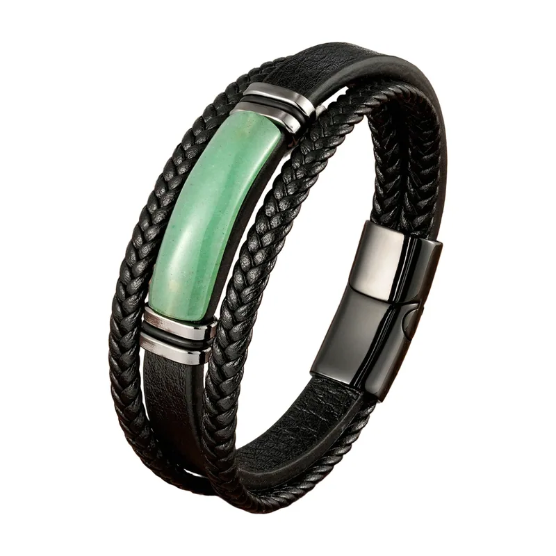 Bracelet en cuir tressé et œil de tigre, Acier Inoxydable