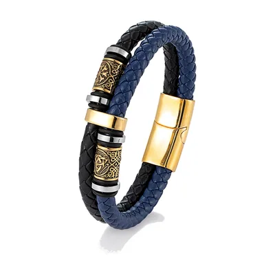 Braided Leather Bracelet with Vegvisir Compass and Runes, Stainless Steel