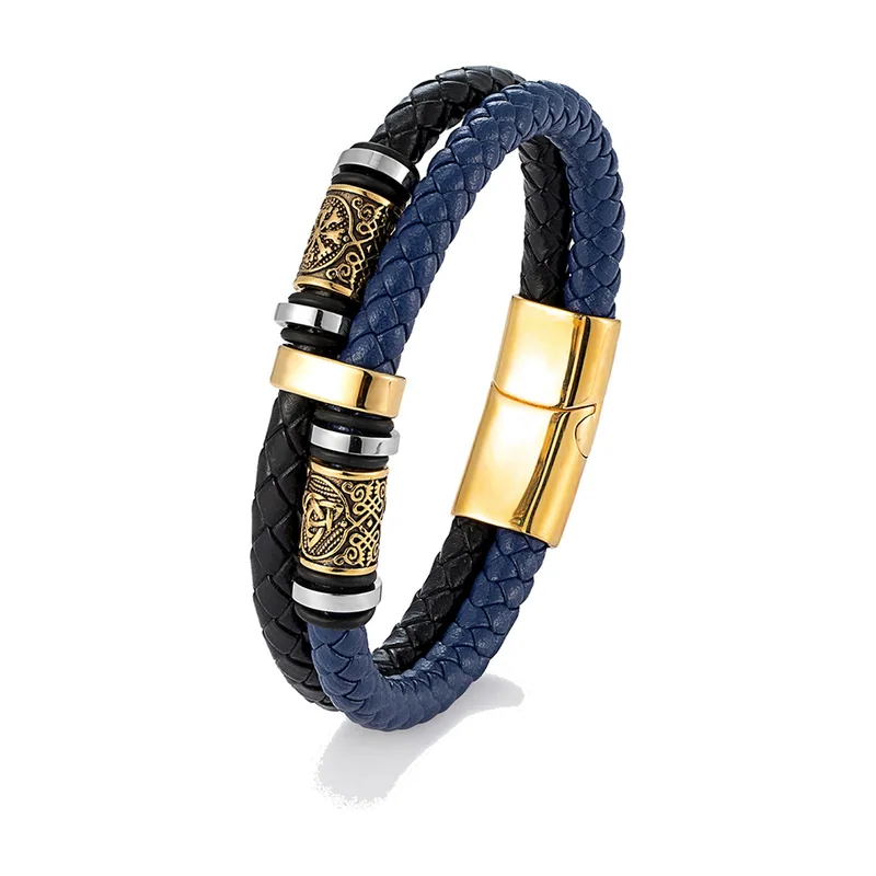 Geflochtenes Lederarmband mit Vegvisir Kompass und Runen, Edelstahl