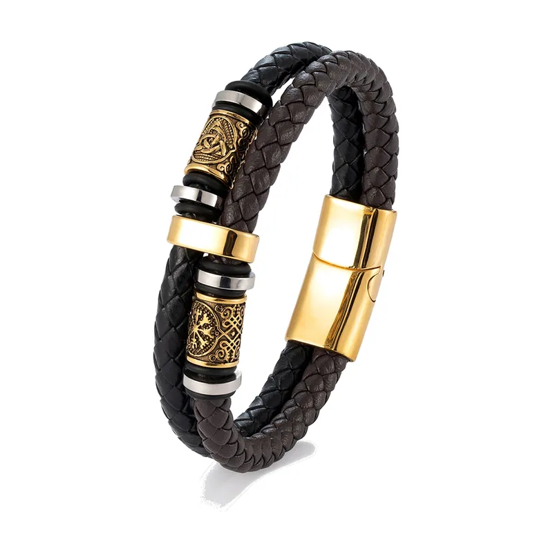 Pulsera de cuero trenzado con Vegvisir y Runas, Acero Inoxidable