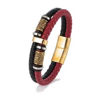 Geflochtenes Lederarmband mit Vegvisir Kompass und Runen, Edelstahl – Schwarz