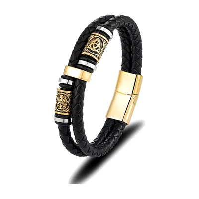 Geflochtenes Lederarmband mit Vegvisir Kompass und Runen, Edelstahl – Gold