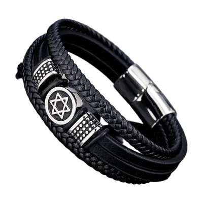 Pulsera de cuero trenzado con Estrella de David, Acero Inoxidable 316L