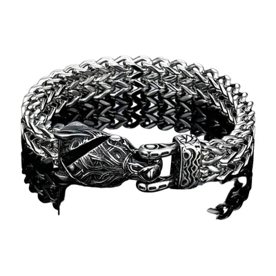 Viking Wolf Head Braided Chain Bracelet, Stainless Steel