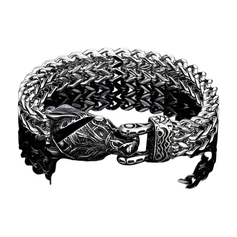Wikinger Wolfskopf Armband mit Flechtkette, Edelstahl