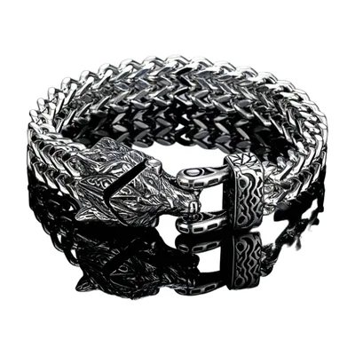 Pulsera de Cadena Cabeza de Lobo Vikingo, Acero Inoxidable 316L