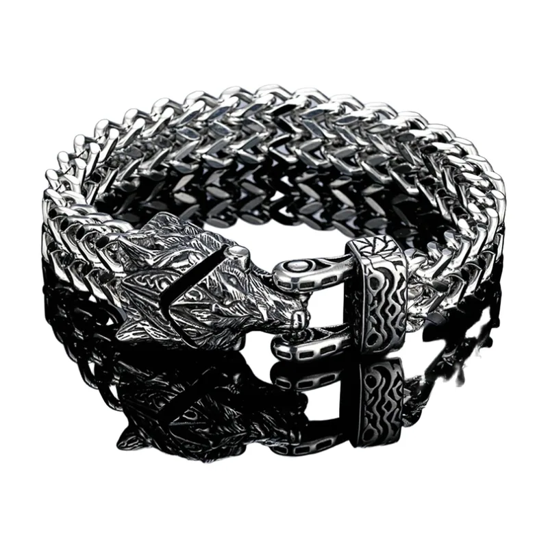 Viking Wolf Head Chain Bracelet, 316L Stainless Steel