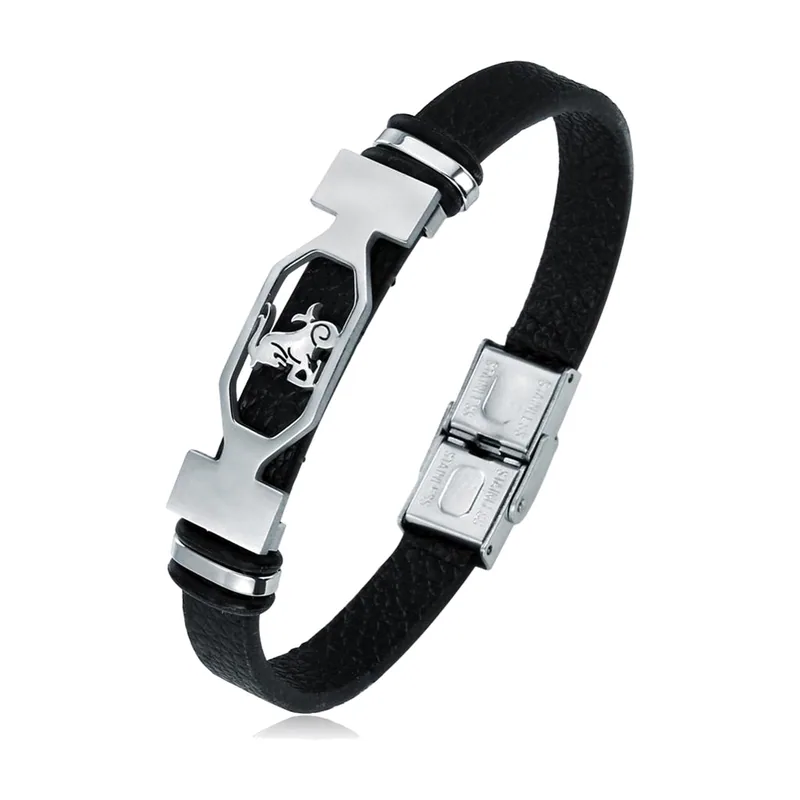 Sternzeichen Armband mit schwarzem Lederband, Edelstahl