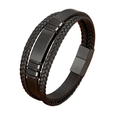 Multi-Layer Braided Leather Bracelet with Magnetic Clasp, Stainless Steel