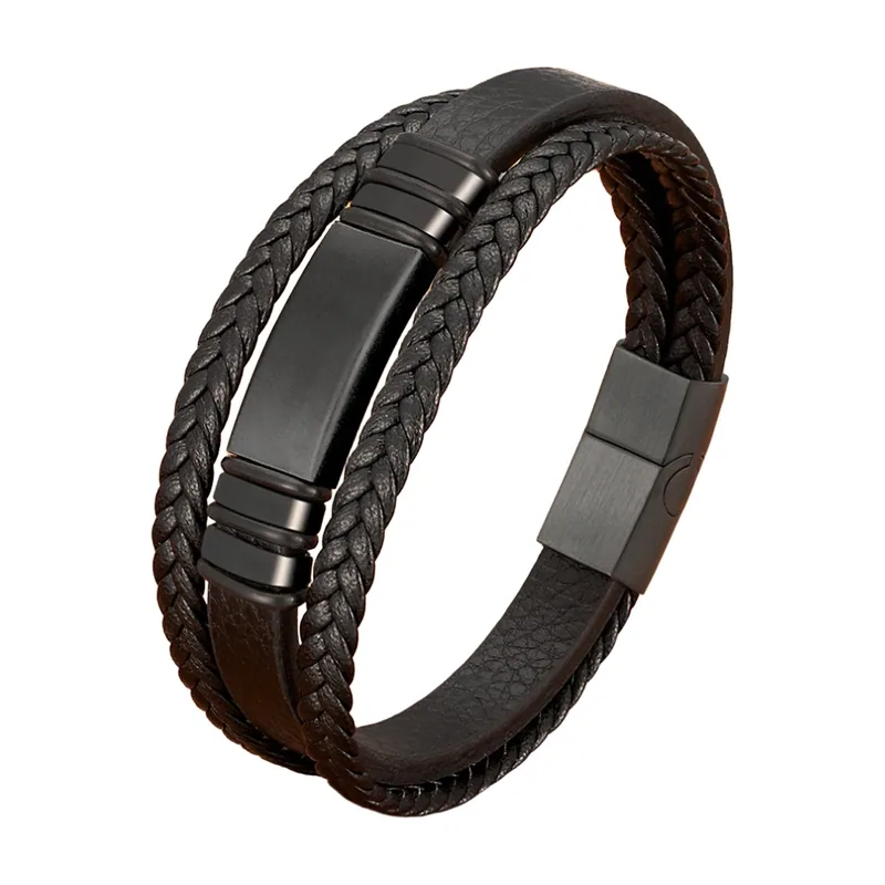 Multi-Layer Braided Leather Bracelet with Magnetic Clasp, Stainless Steel