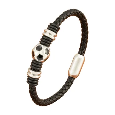 Bracciale in pelle intrecciata con perla a pallone da calcio, acciaio 316L