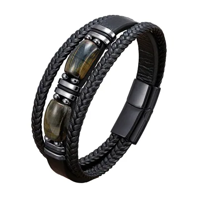 Braided Leather Bracelet with Tiger Eye Stones, Stainless Steel