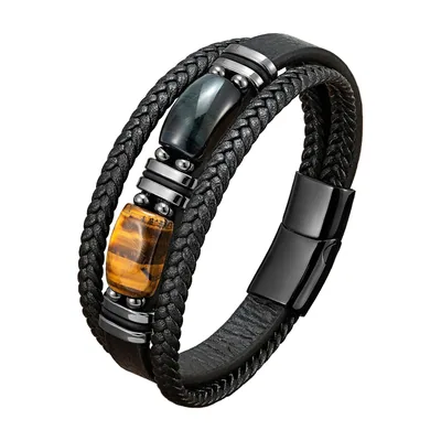 Braided Leather Bracelet with Tiger Eye and Stone Beads, Stainless Steel