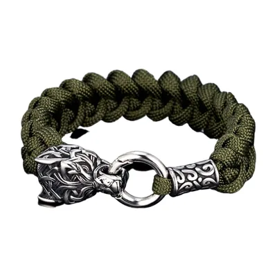 Pulsera Vikinga Cabeza de Lobo con Cordón Trenzado, Acero Inoxidable