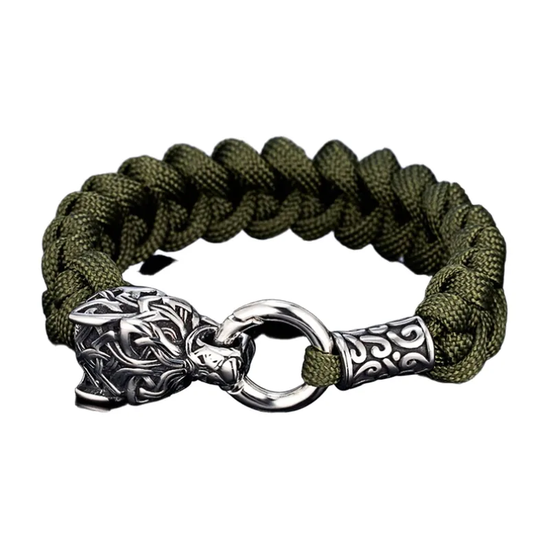 Wikinger Wolfskopf Armband mit geflochtener Kordel, Edelstahl