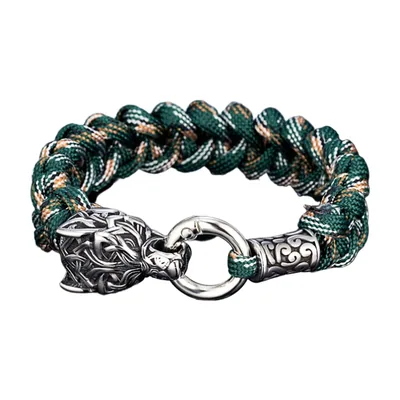 Pulsera Vikinga de Lobo con Nudo Nórdico, Cordón Trenzado y Acero Inoxidable