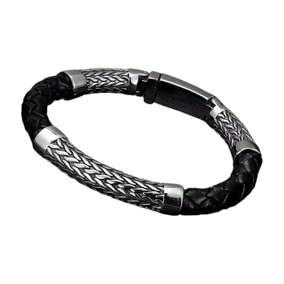 Pulsera Biker de cuero trenzado con cadena wheat de acero inoxidable 316L