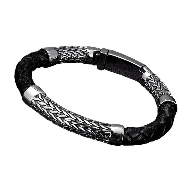 Pulsera Biker de cuero trenzado con cadena wheat de acero inoxidable 316L