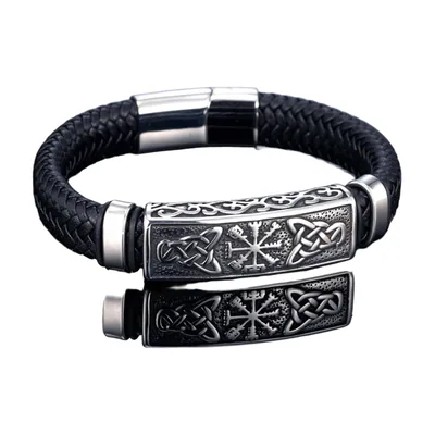 Pulsera de cuero trenzado con Vegvisir y nudo celta, acero inoxidable