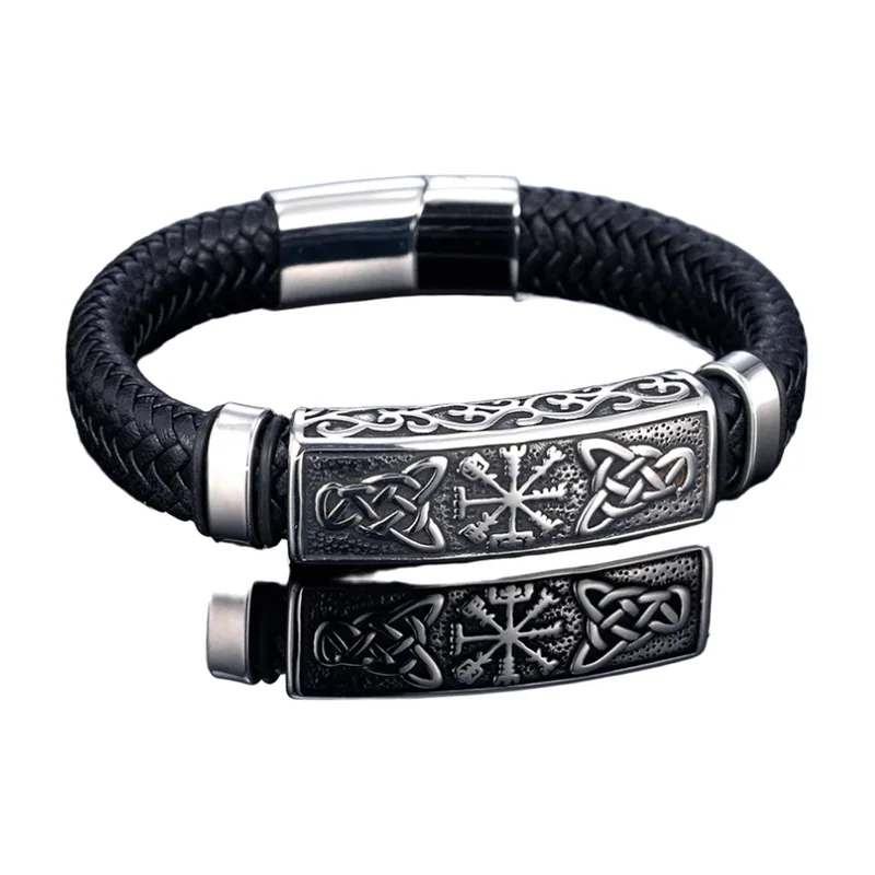 Braided Leather Bracelet with Vegvisir and Celtic Knot, Stainless Steel