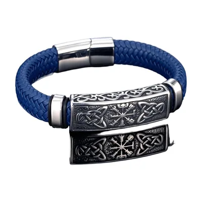 Braided Leather Bracelet with Vegvisir and Celtic Knot, Stainless Steel – Blue