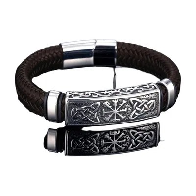 Braided Leather Bracelet with Vegvisir and Celtic Knot, Stainless Steel – Brown