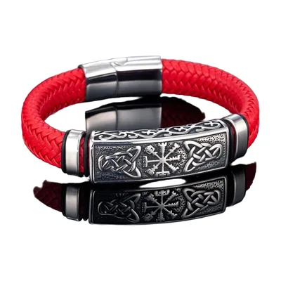 Braided Leather Bracelet with Vegvisir and Celtic Knot, Stainless Steel – Red
