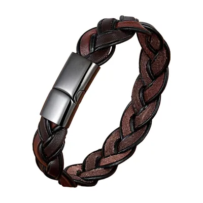 Pulsera de Cuero Trenzado Marrón con Cierre Magnético, Acero Inoxidable