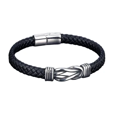 Bracciale in pelle intrecciata con motivo a nodo, acciaio 316L