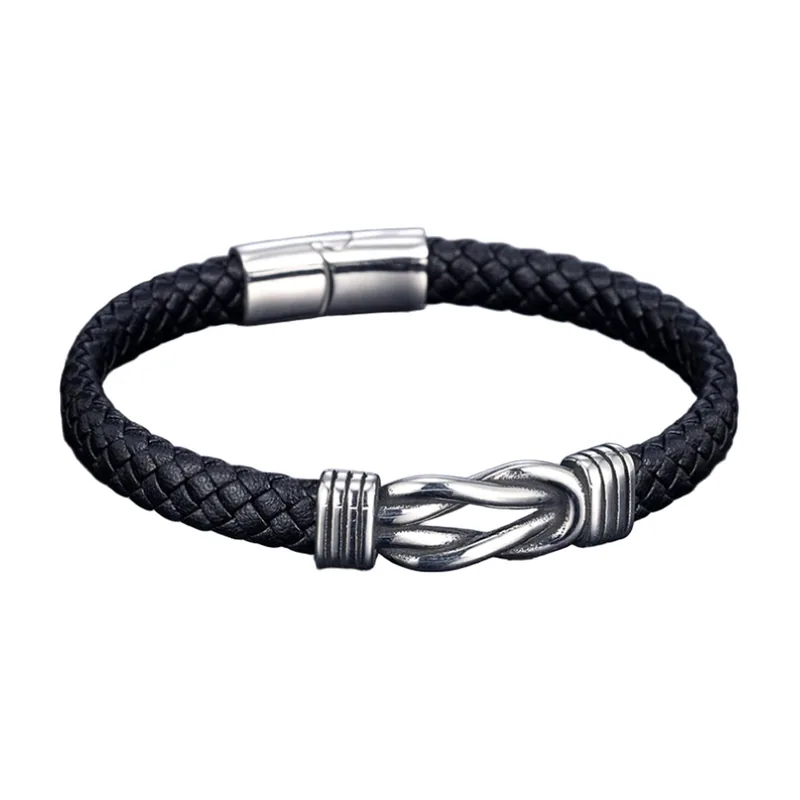 Geflochtenes Lederarmband mit Knoten-Motiv, 316L Edelstahl