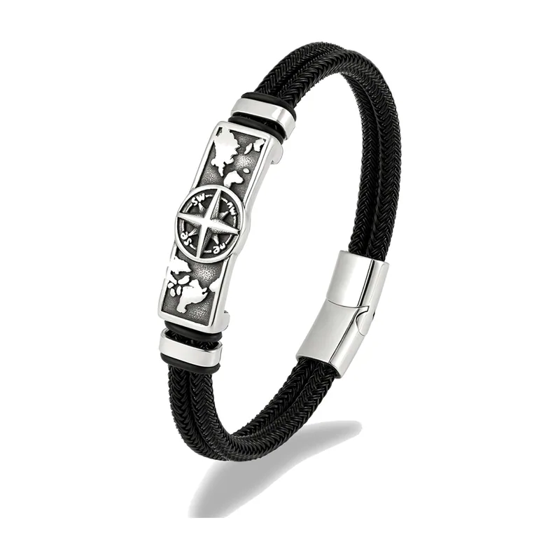 Braided Cord Bracelet with Compass and World Map, Stainless Steel