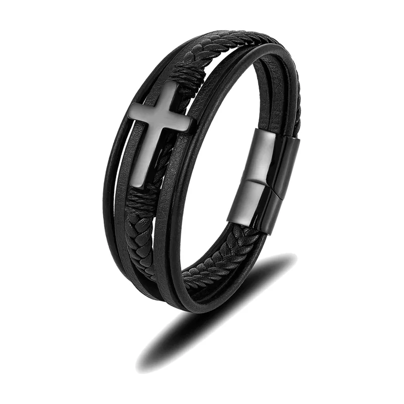 Braided Leather Bracelet with Cross Charm, 316L Stainless Steel