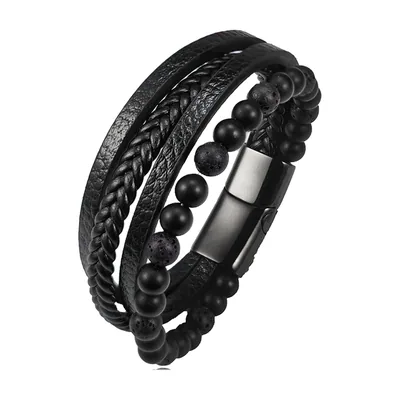 Bracelet multi-rangs en œil de tigre et cuir, acier inoxydable