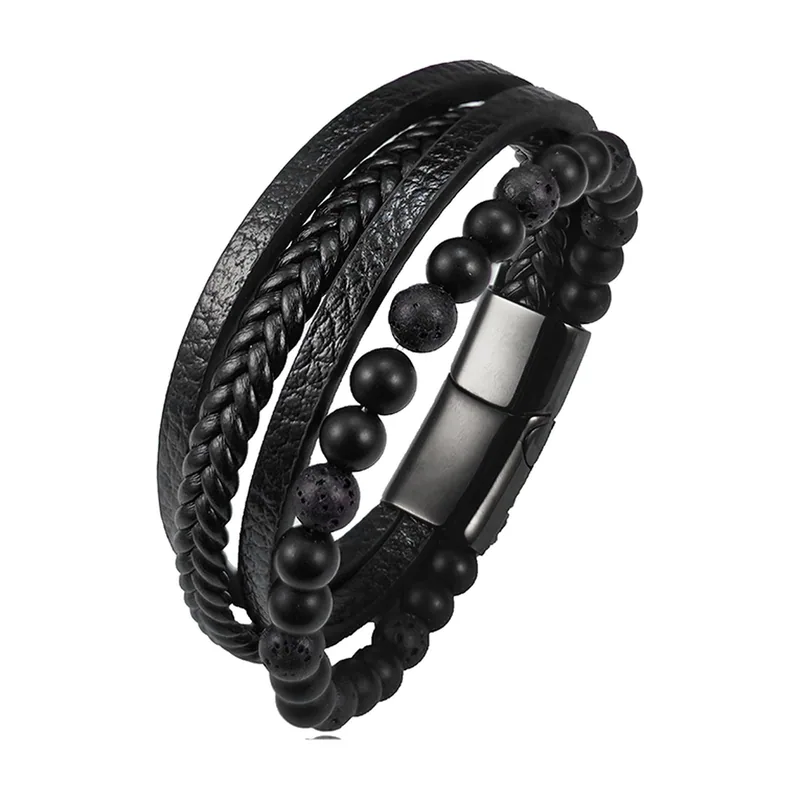 Multi-Layer Tiger's Eye and Leather Bracelet, Stainless Steel