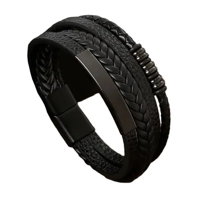 Braided Multi-Layer Leather Bracelet with Magnetic Clasp, Stainless Steel