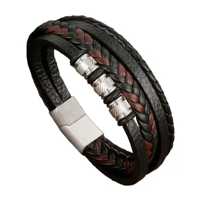 Multi-Layer Braided Leather Bracelet with Magnetic Clasp, Stainless Steel