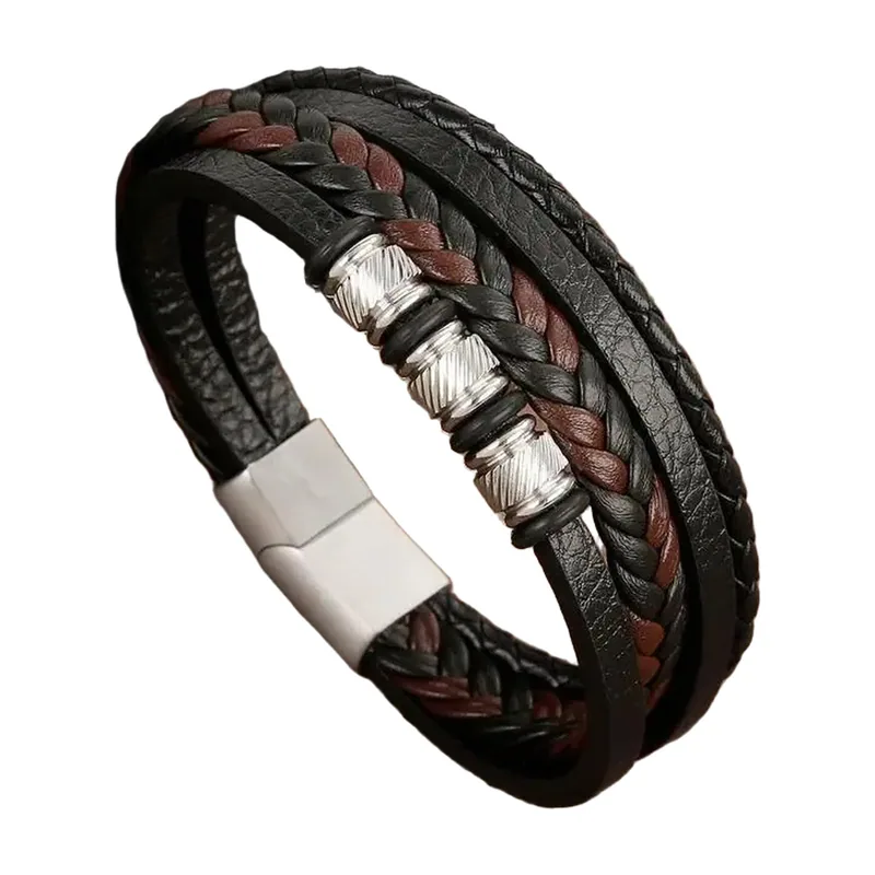 Multi-Layer Braided Leather Bracelet with Magnetic Clasp, Stainless Steel