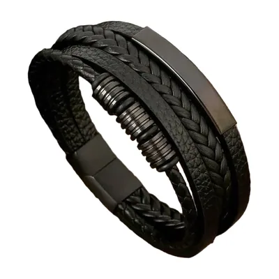Multi-Layer Braided Leather Bracelet with Magnetic Clasp, Stainless Steel
