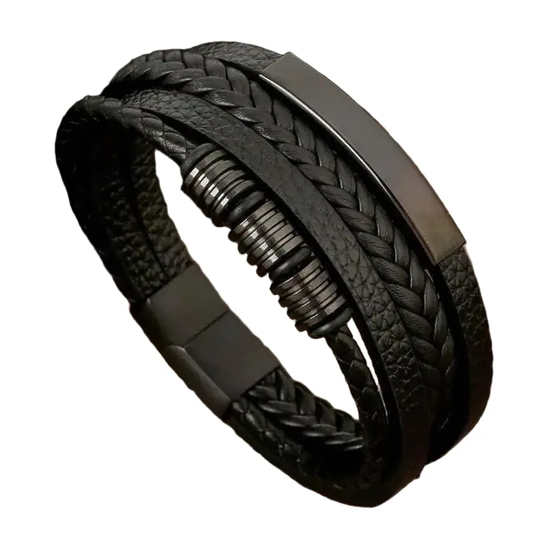 Multi-Layer Braided Leather Bracelet with Magnetic Clasp, Stainless Steel