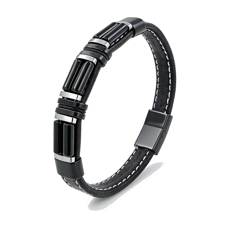 Bracciale in pelle intrecciata e acciaio inossidabile 316L