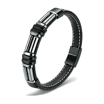 Pulsera de cuero trenzado con barras de acero inoxidable
